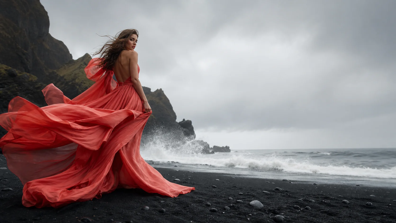 Fashion subject in a flowing red dress on a black volcanic beach
